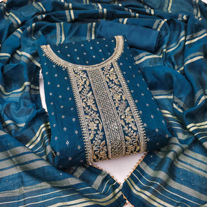 Teal Butti With Embroidered Chanderi Silk Dress Material