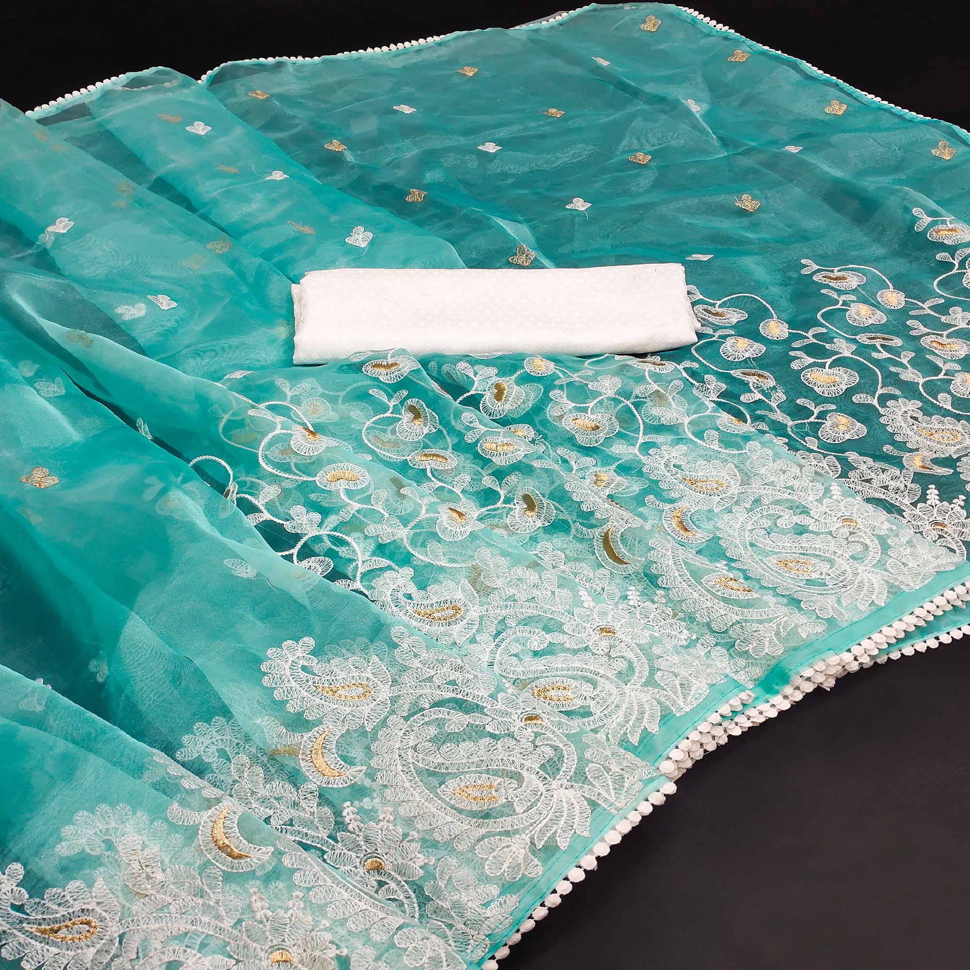 Turquoise Embroidered Organza Saree