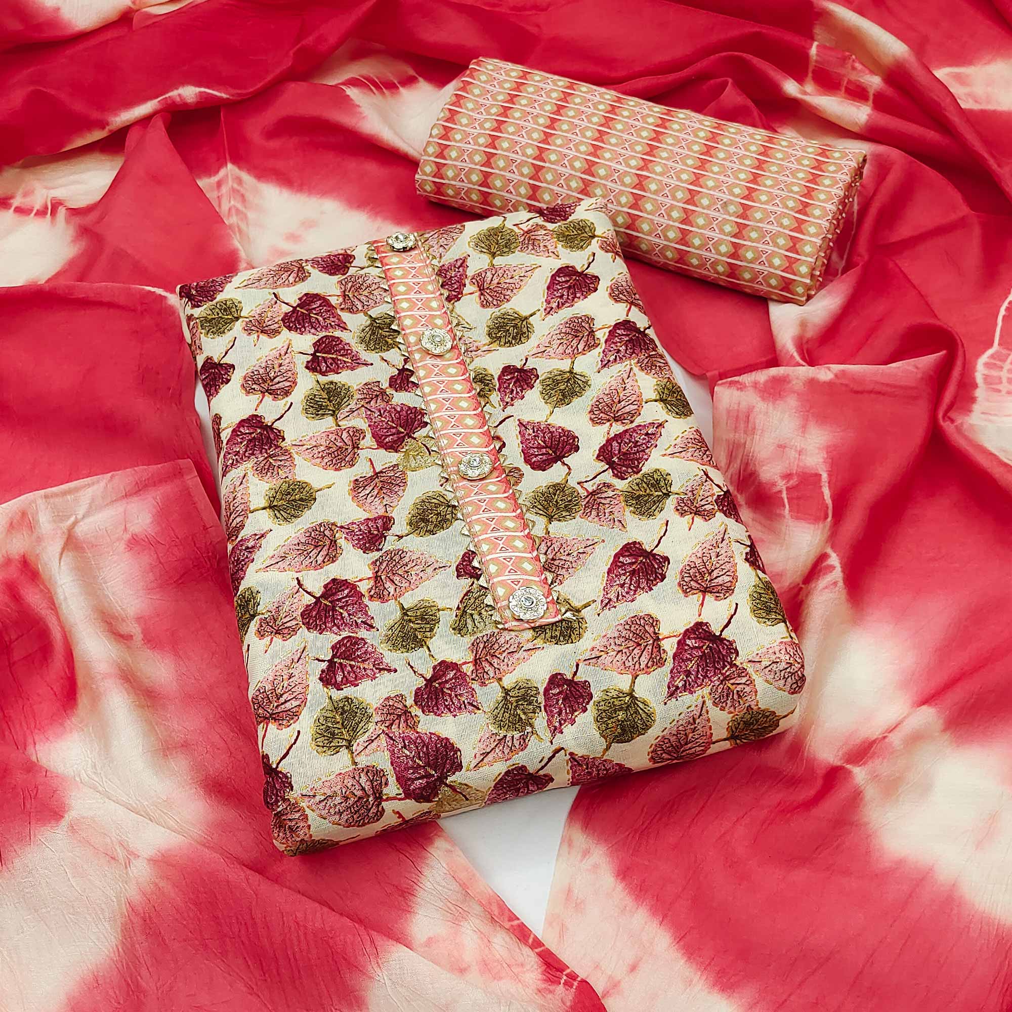 Red Foil Printed Cotton Blend Dress Material
