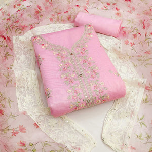 Pink Floral Embroidered Chanderi Silk Dress Material