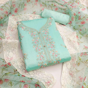 Turquoise Floral Embroidered Chanderi Silk Dress Material