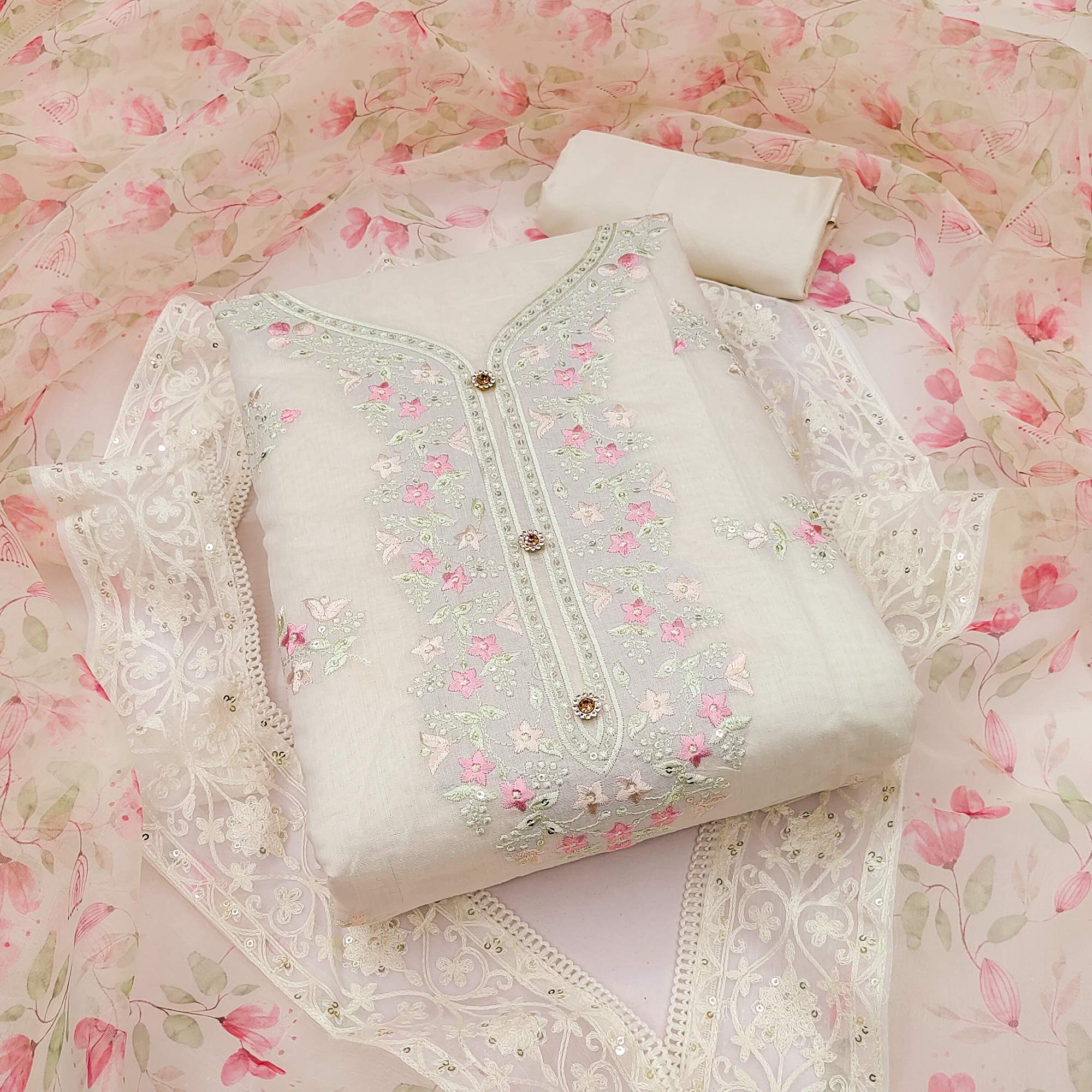 White Floral Embroidered Chanderi Silk Dress Material White Floral Embroidered Chanderi Silk Dress Material