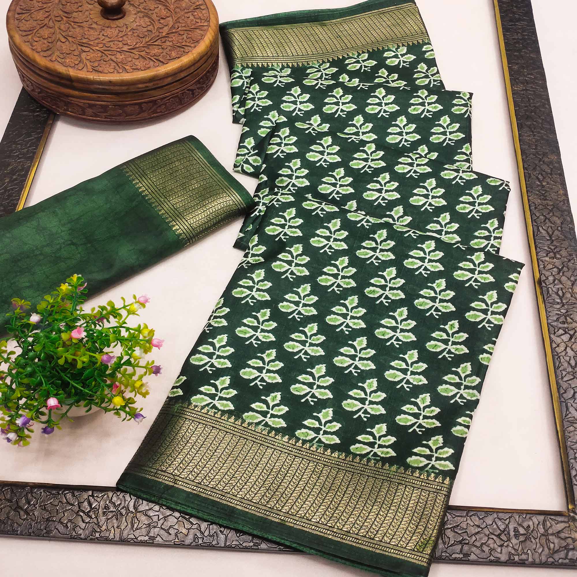 Green Floral Printed Dola Silk Saree