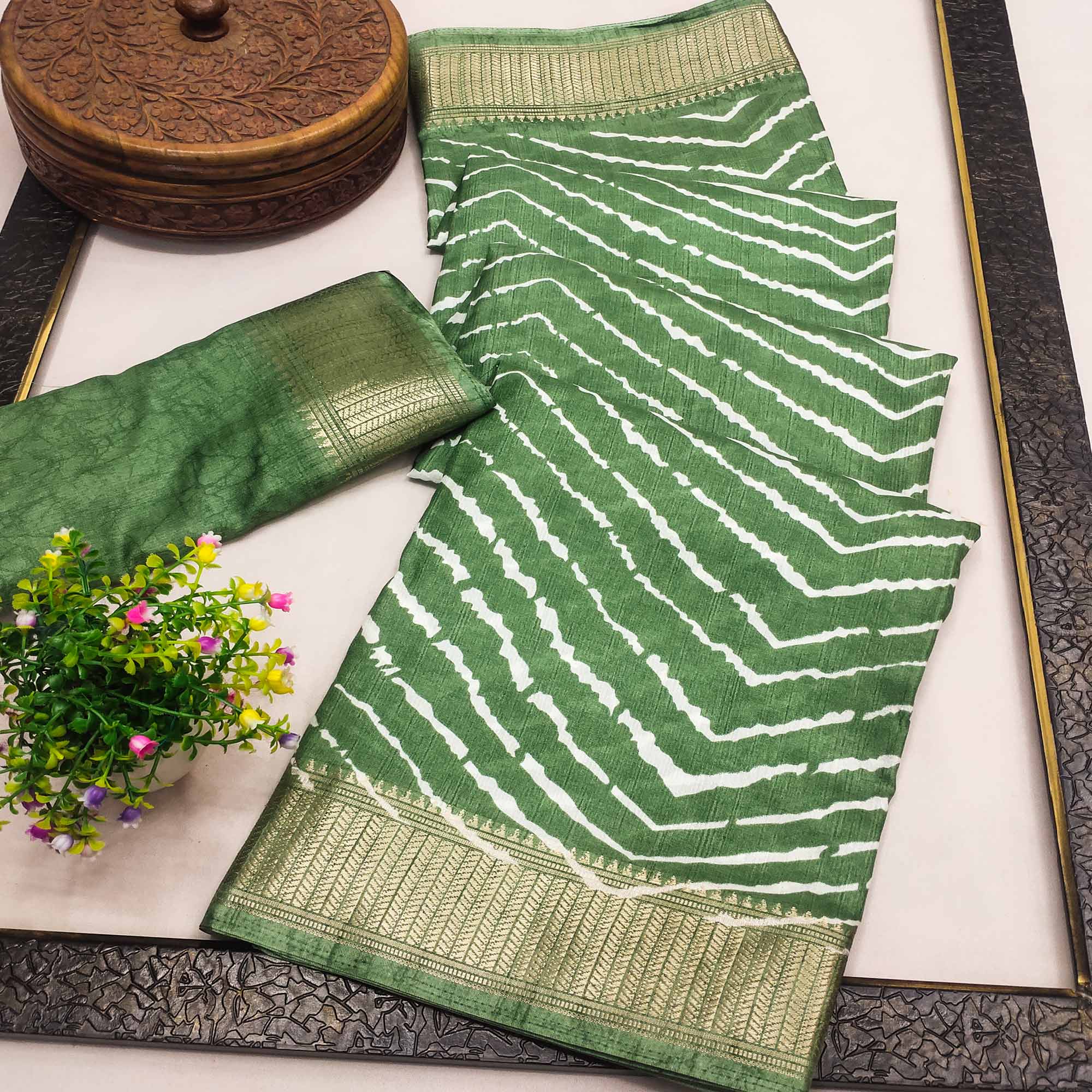 Dark Green Leheriya Printed Dola Silk Saree With Zari Border