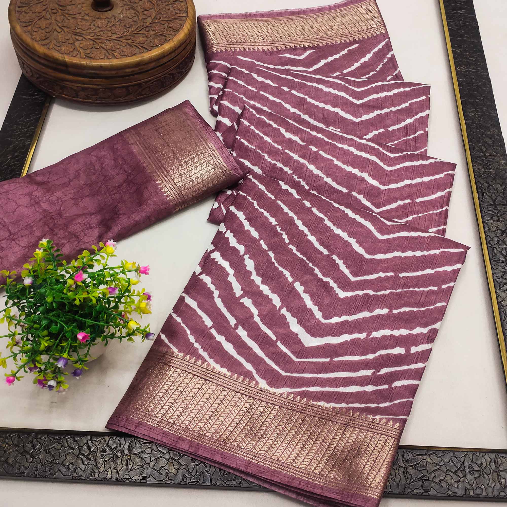 Wine Leheriya Printed Dola Silk Saree With Zari Border