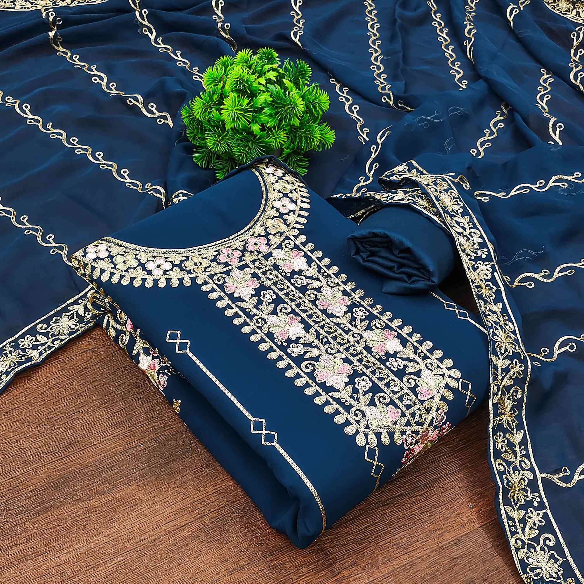 Blue Embroidered Georgette Dress Material