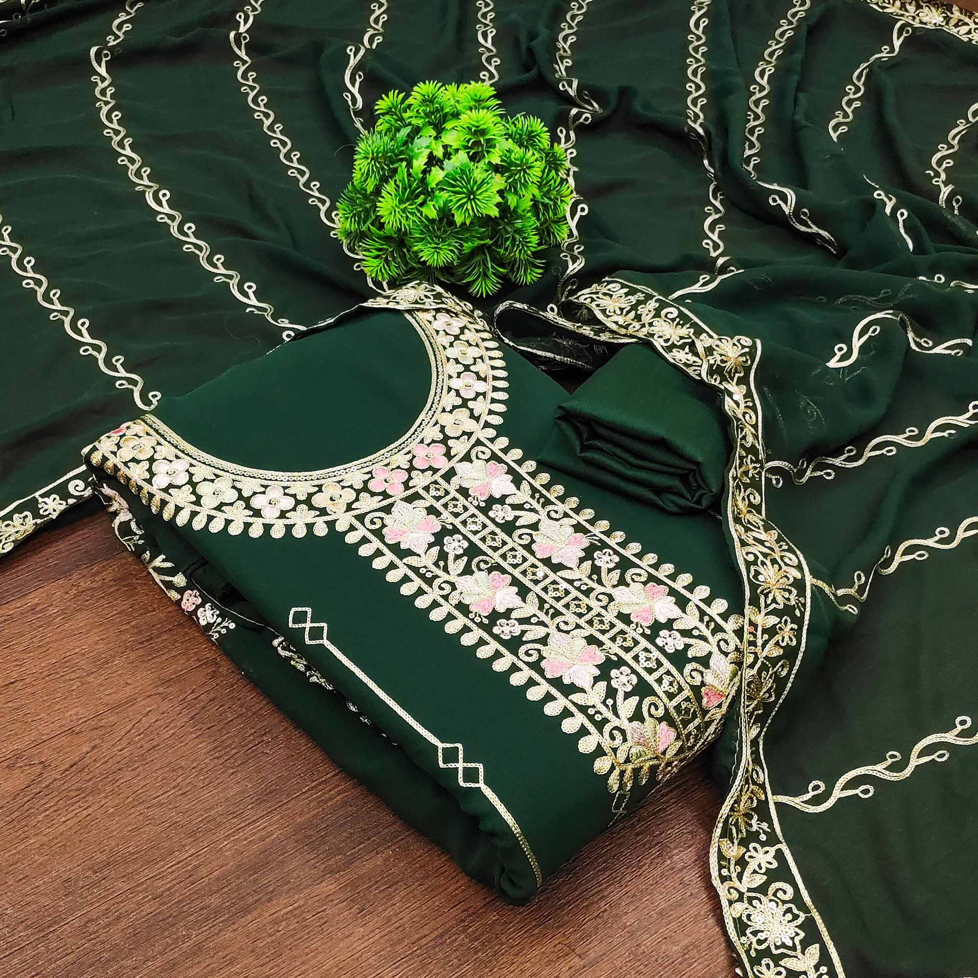 Green Embroidered Georgette Dress Material