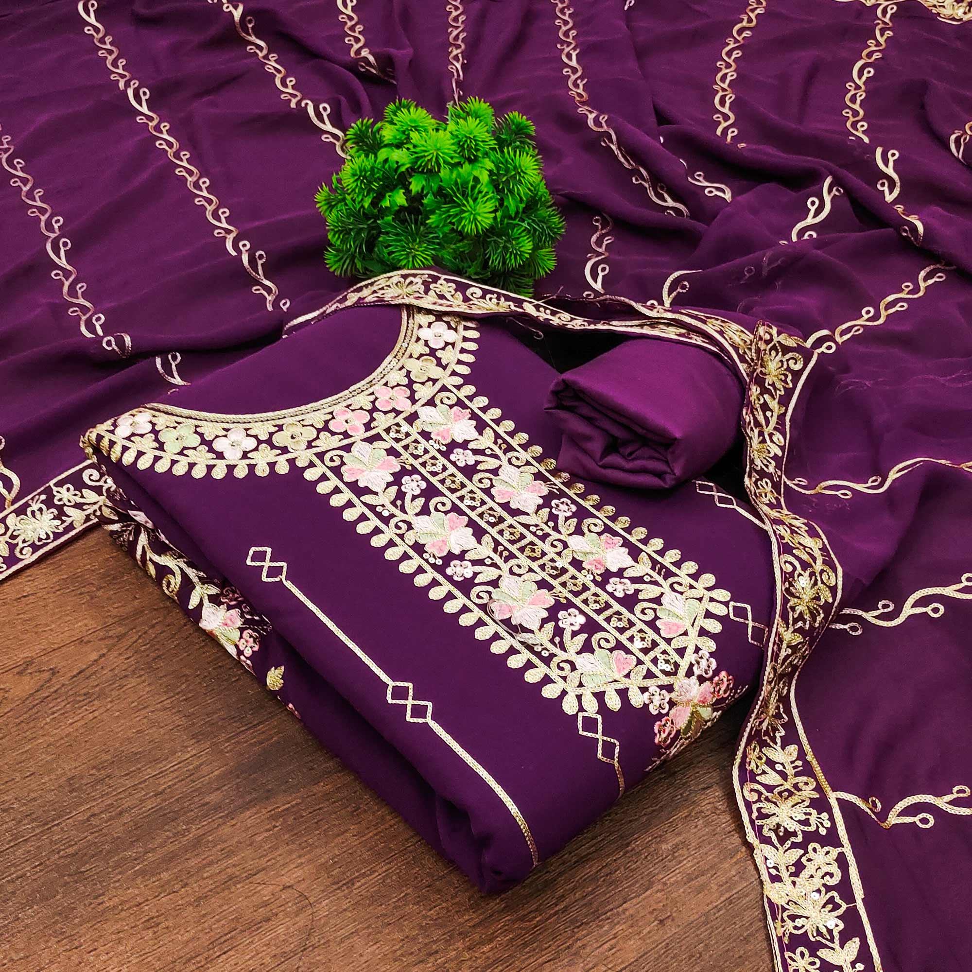 Purple Embroidered Georgette Dress Material