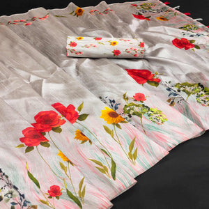 Grey Floral Digital Printed Assam Silk Saree With Tassels