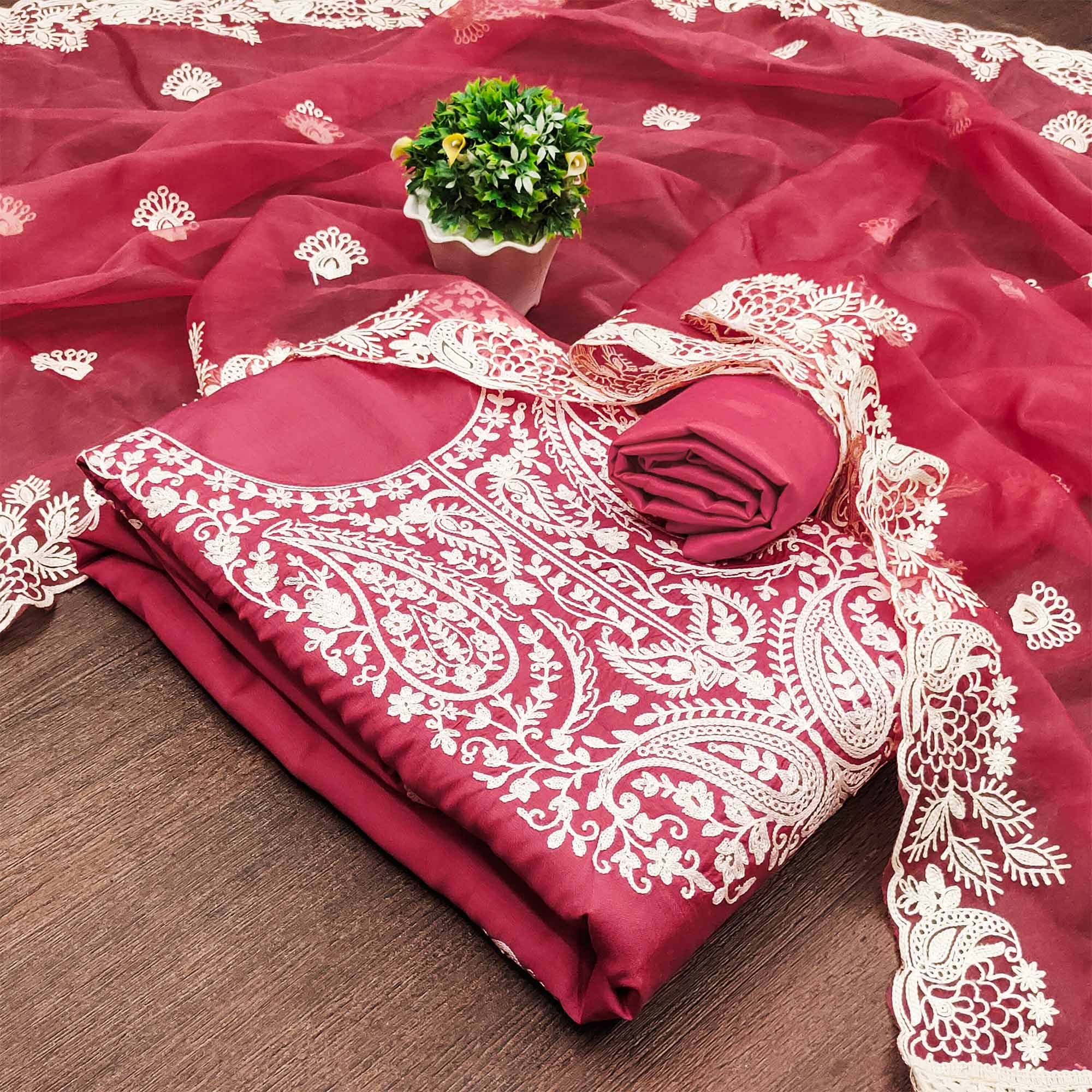 Gajri Pink Floral Embroidered Viscose Dress Material