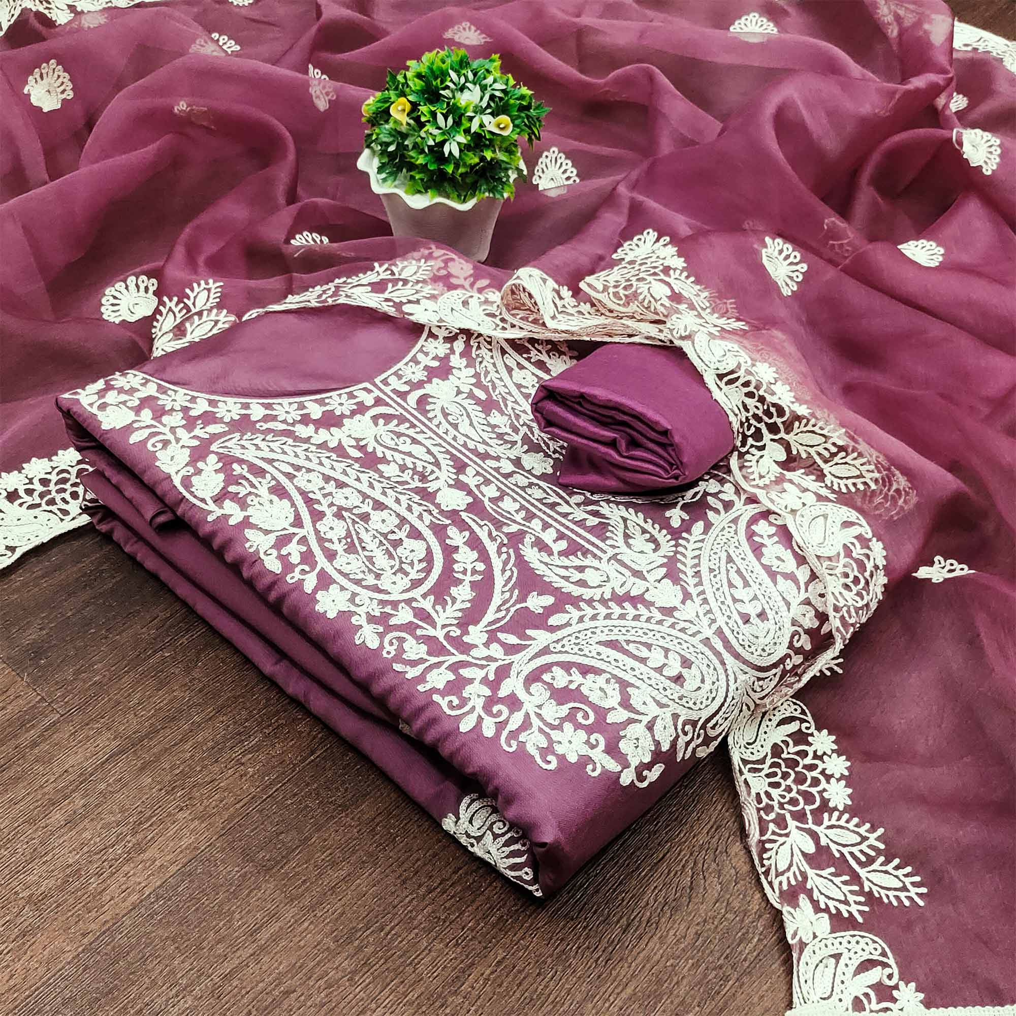 Mauve Floral Embroidered Viscose Dress Material