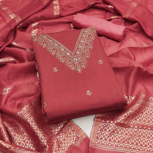 Pink Floral Embroidered Viscose Dress Material