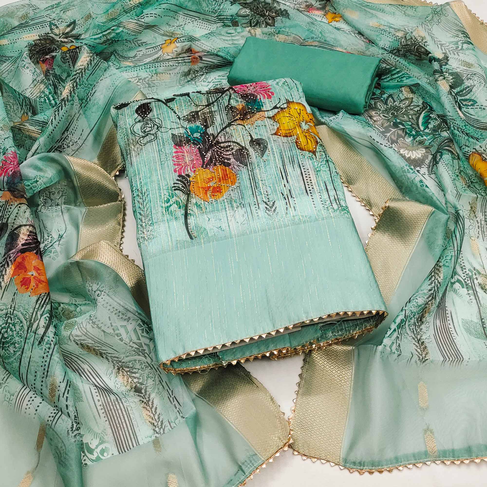 Turquoise Floral Printed With Swarovski Work Organza Dress Material