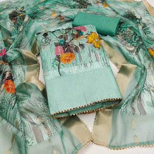 Turquoise Floral Printed With Swarovski Work Organza Dress Material