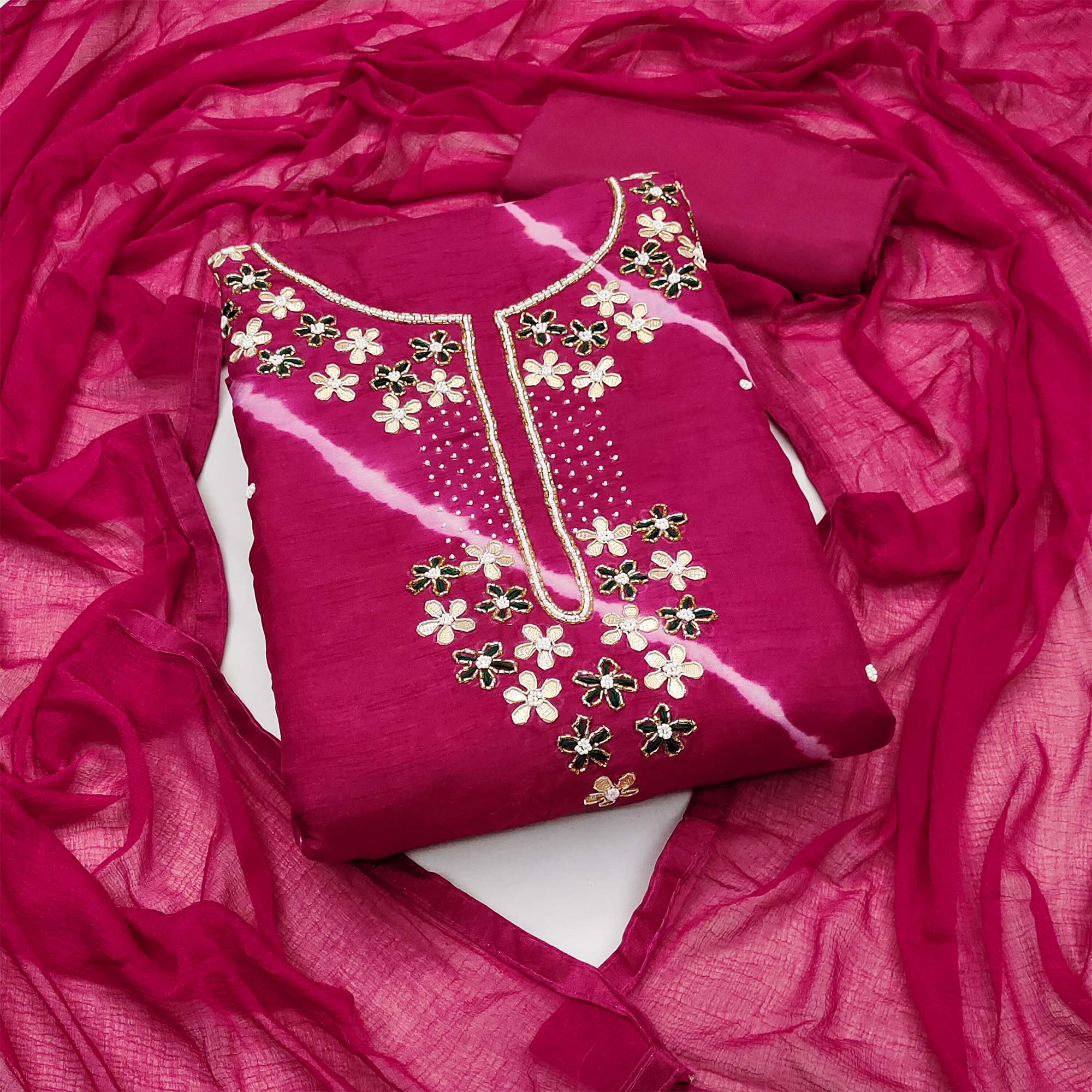 Pink Handwork Embroidery With Leheriya Printed Viscose Dress Material