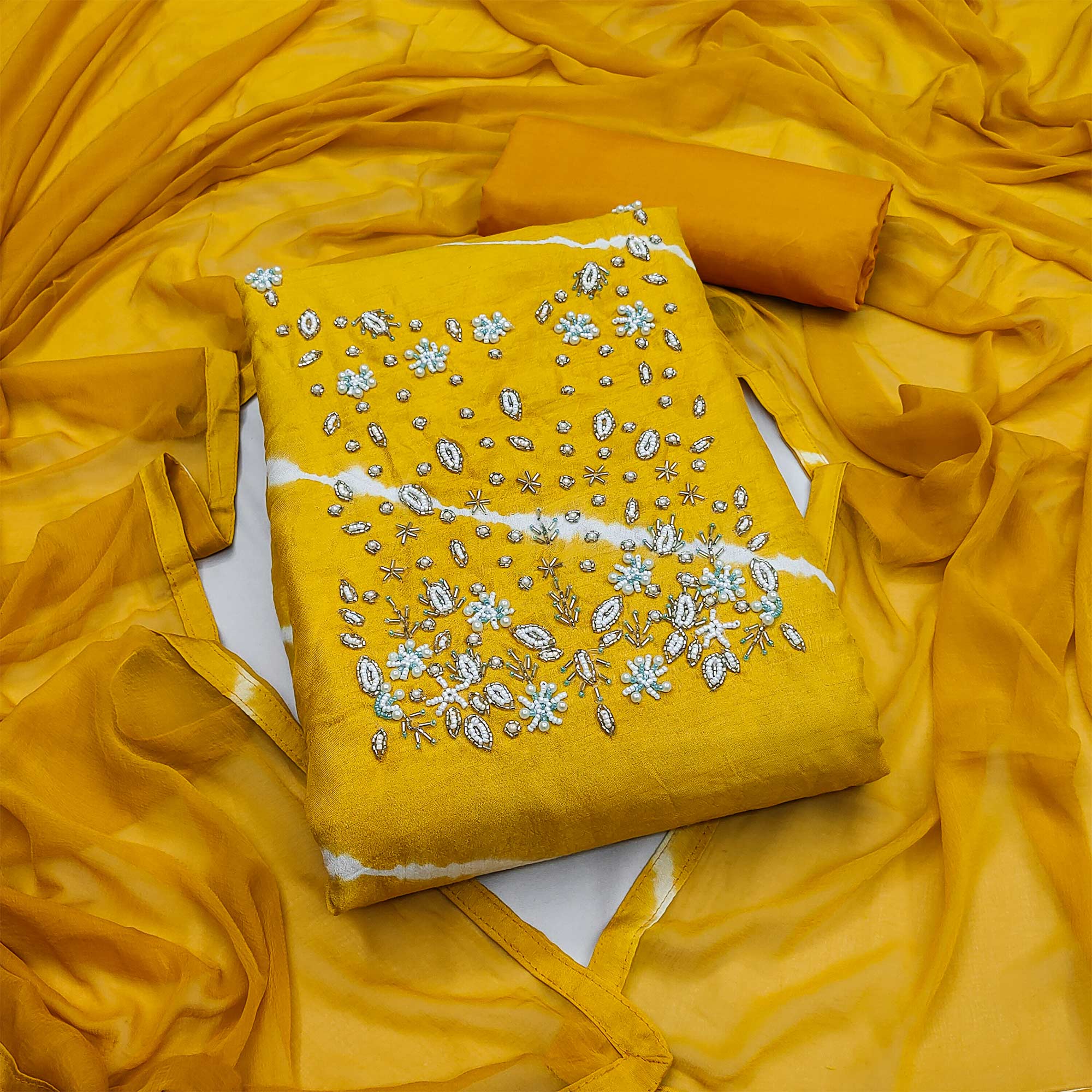 Yellow Handwork Embroidery With Leheriya Printed Viscose Dress Material