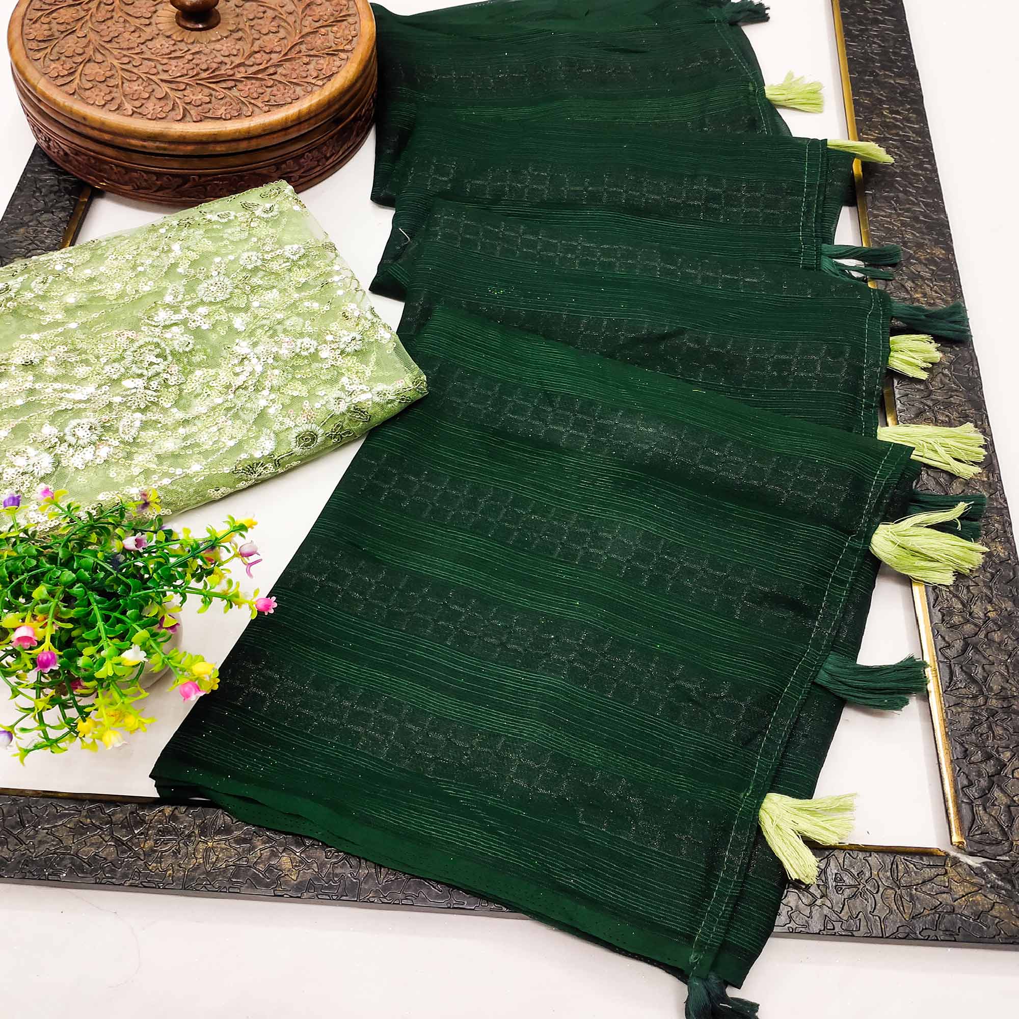Green Woven Art Silk Saree With Tassels