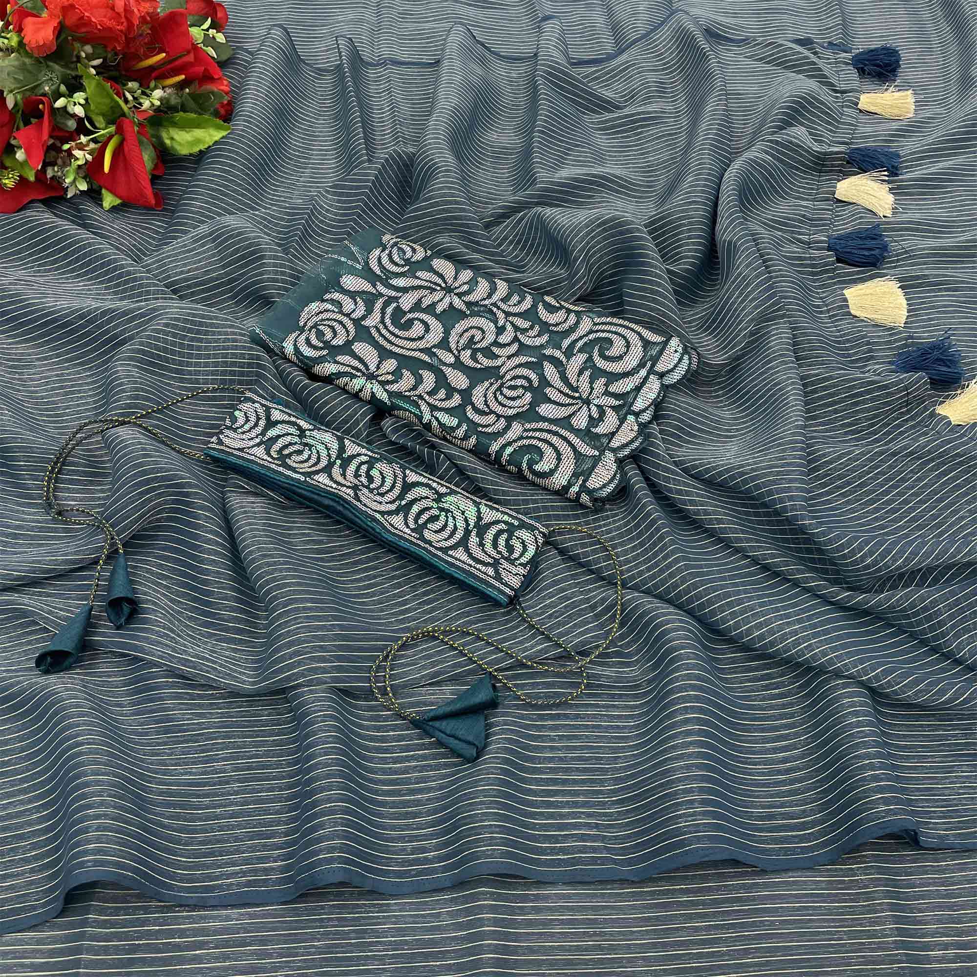 Blue Striped Woven Art Silk Saree With Tassels