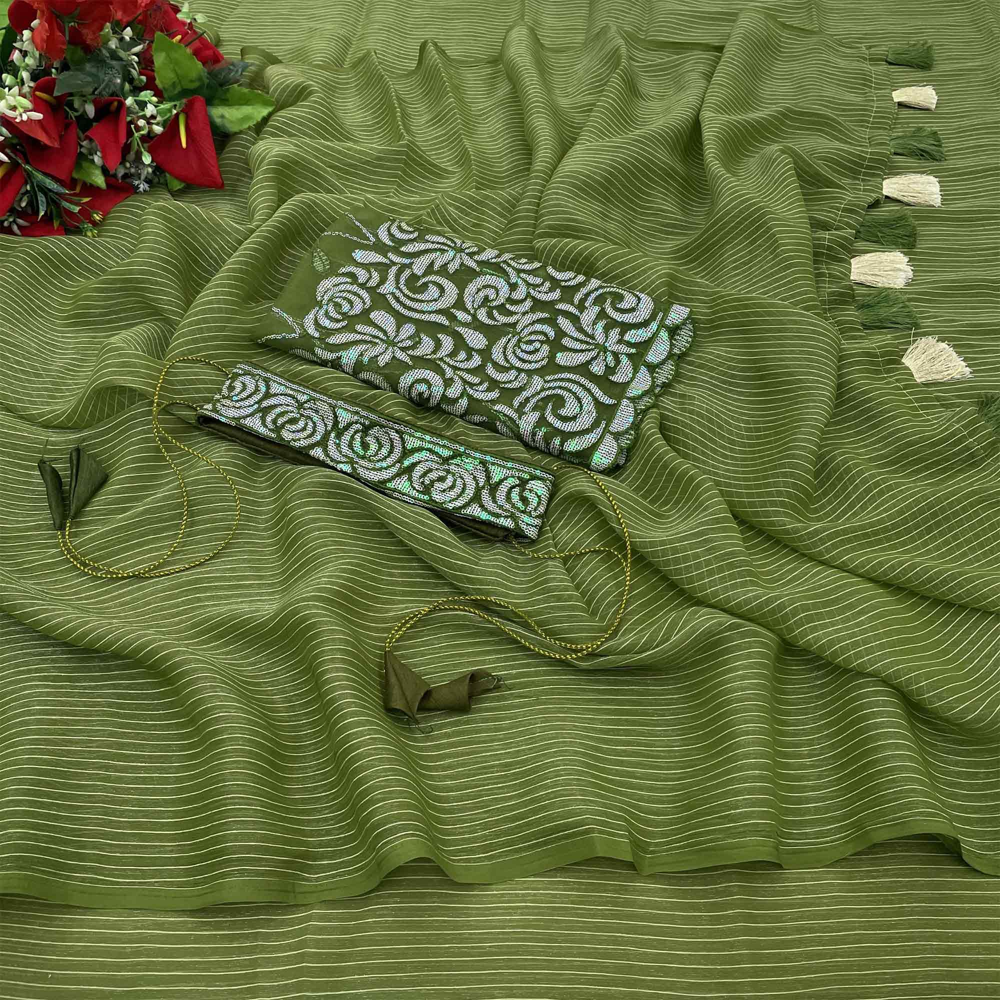 Green Striped Woven Art Silk Saree With Tassels