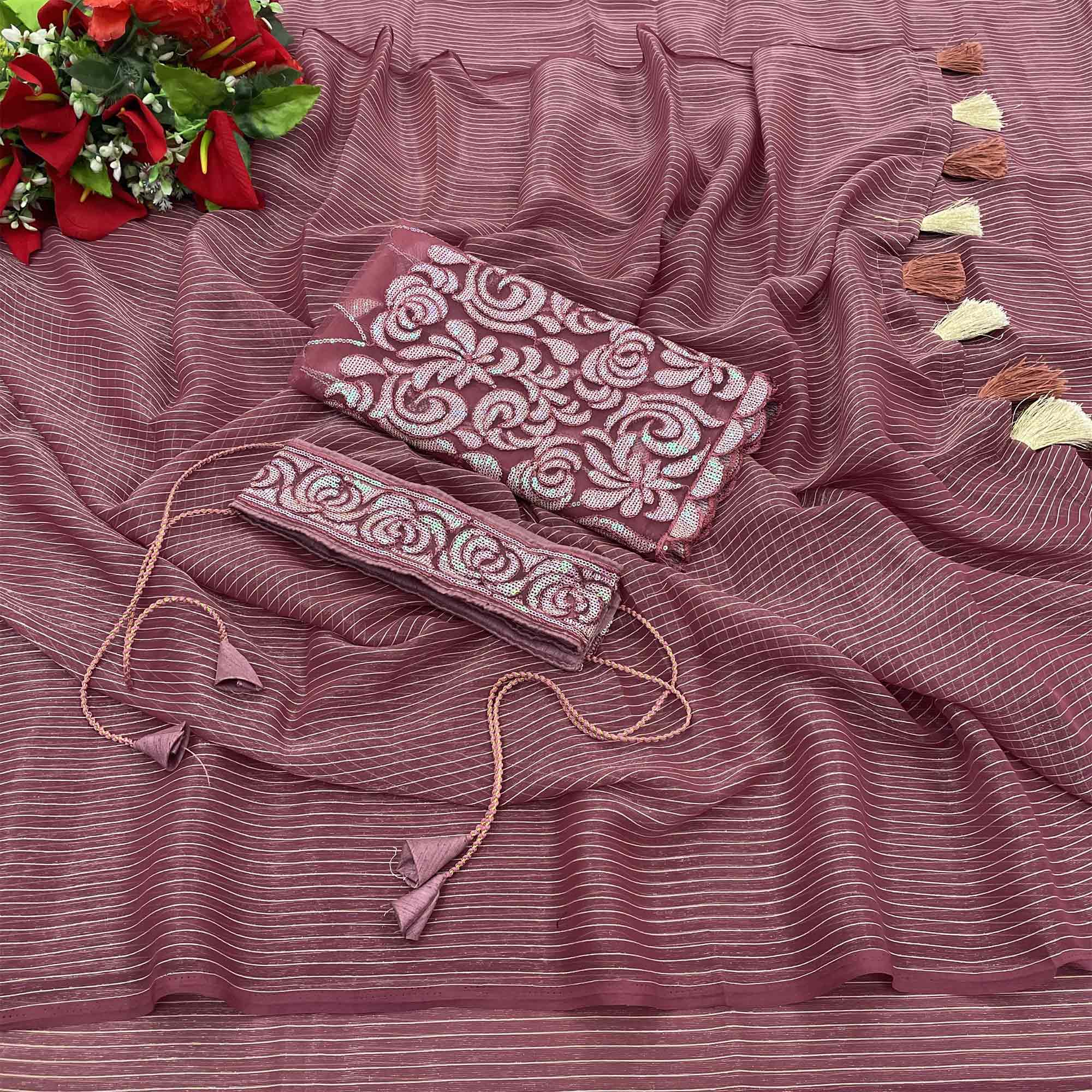 Mauve Striped Woven Art Silk Saree With Tassels