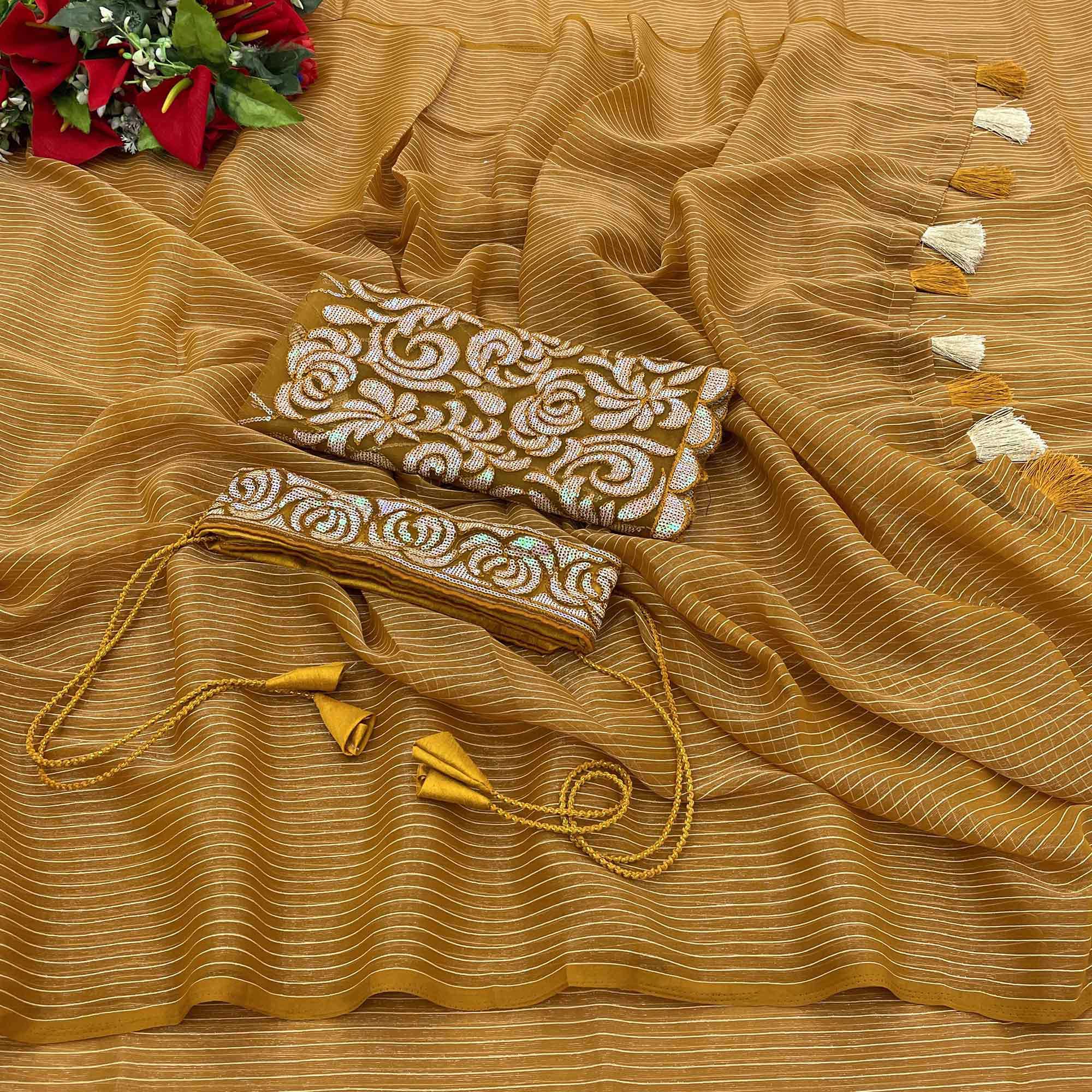 Mustard Striped Woven Art Silk Saree With Tassels
