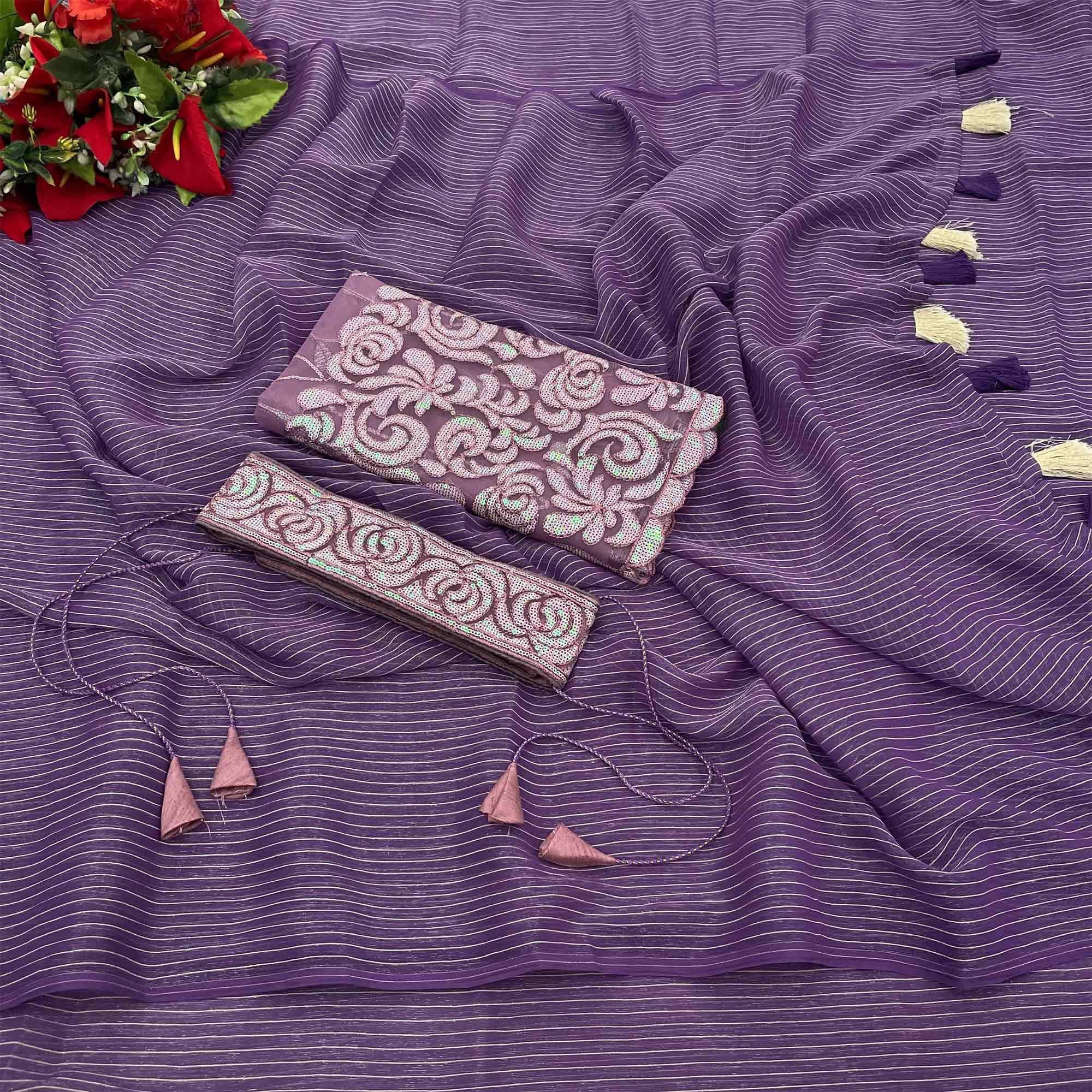 Purple Striped Woven Art Silk Saree With Tassels