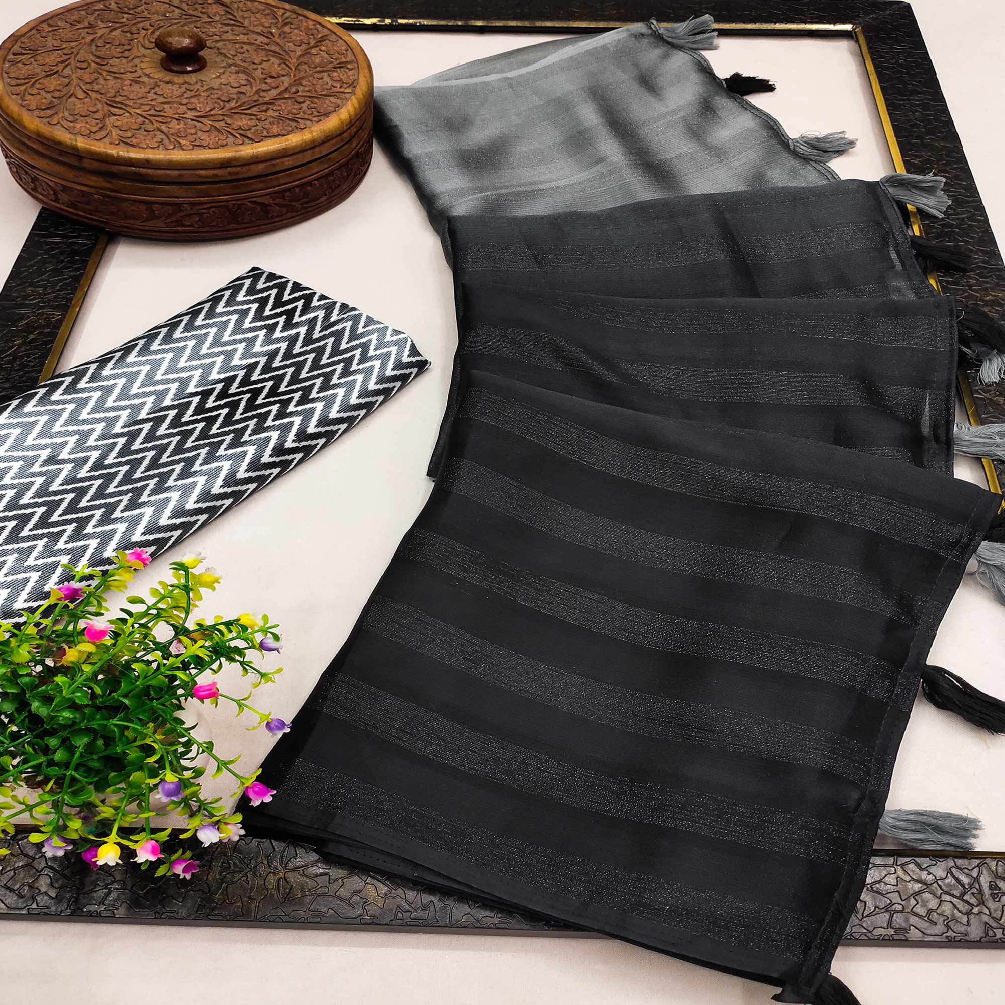 Black Woven Art Silk Saree With Tassels