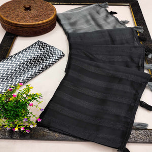 Black Woven Art Silk Saree With Tassels