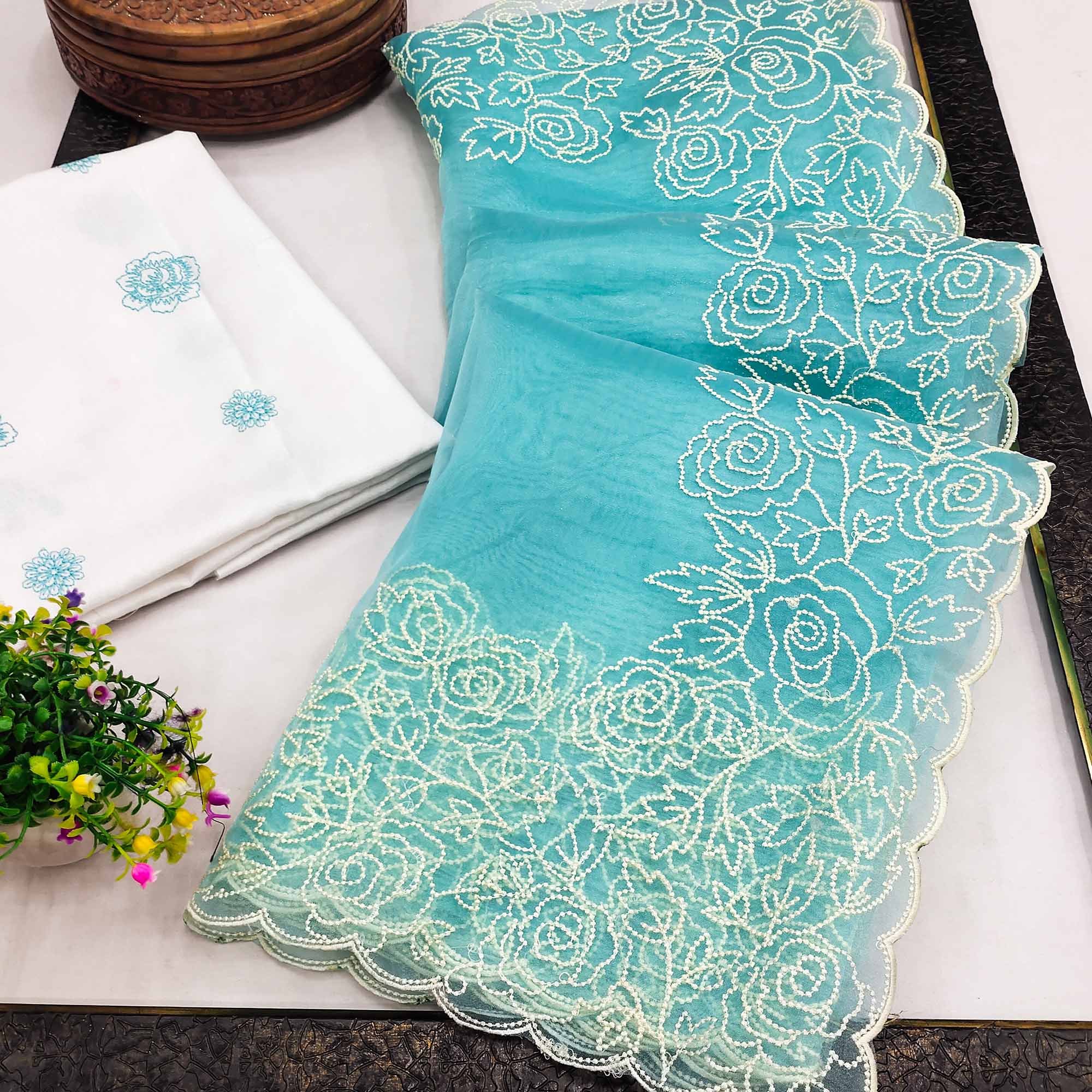 Turquoise Embroidered Organza Saree