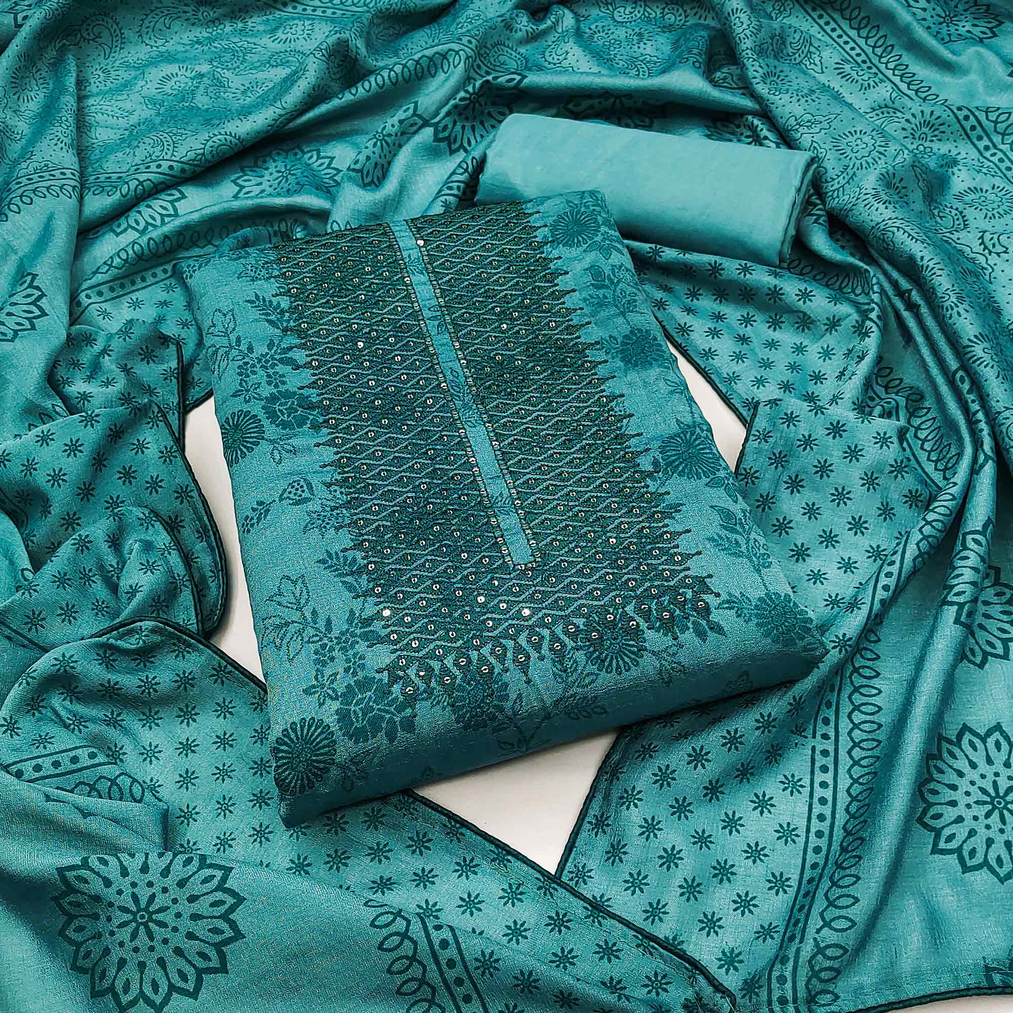 Rama Blue Sequins Embroidered Vichitra Silk Dress Material