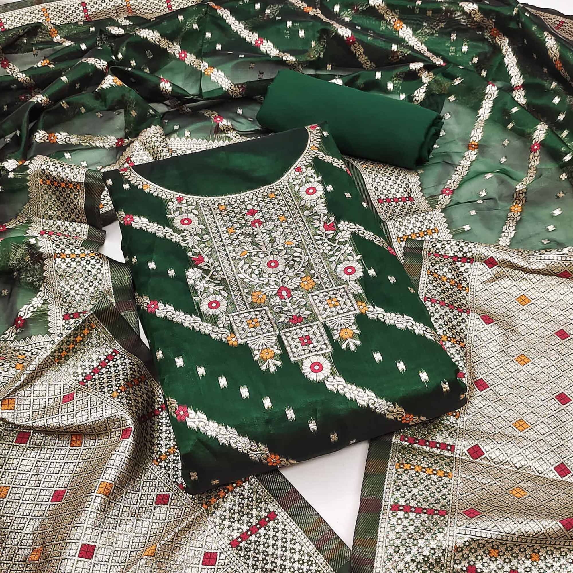 Green Floral Woven Banarasi Silk Dress Material