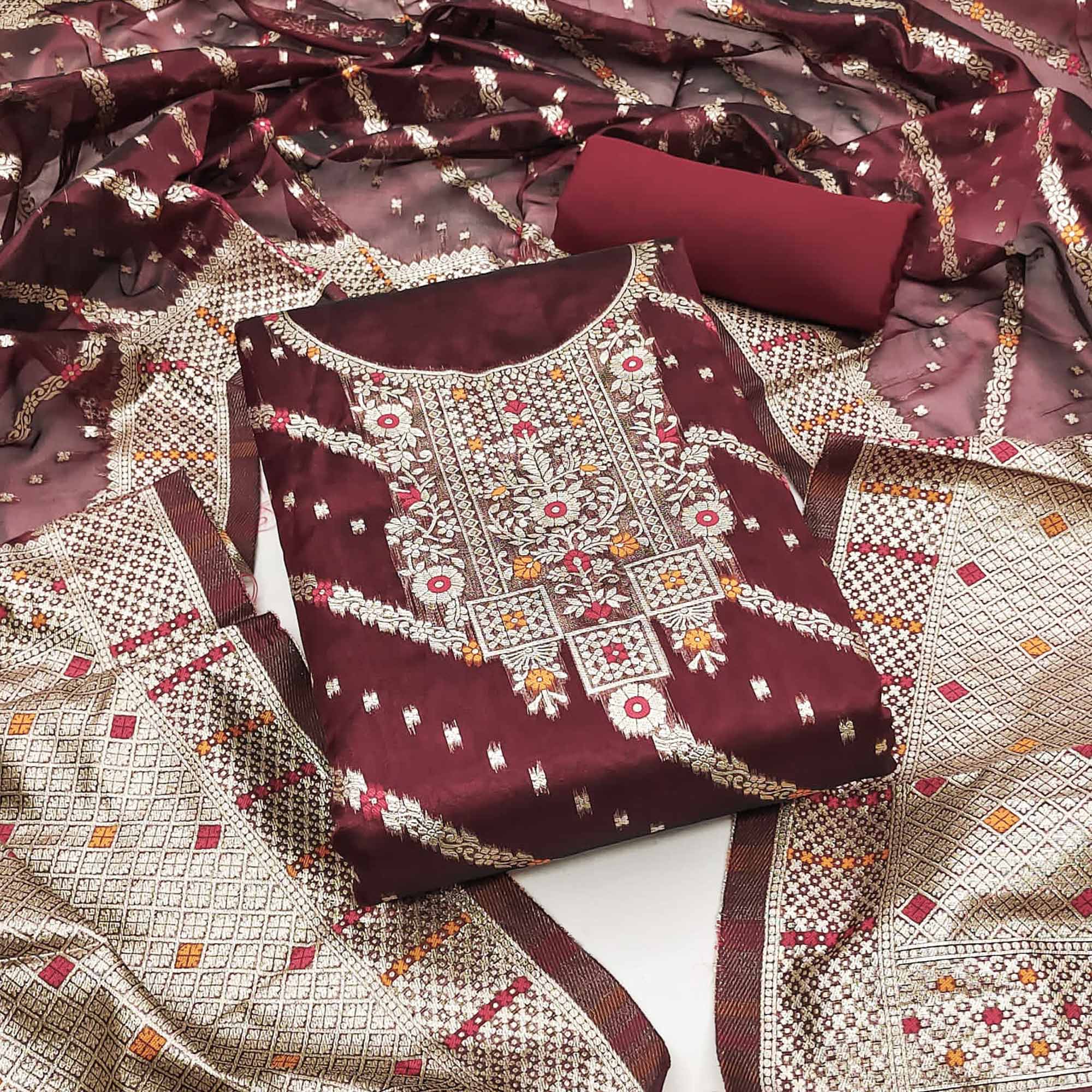 Maroon Floral Woven Banarasi Silk Dress Material