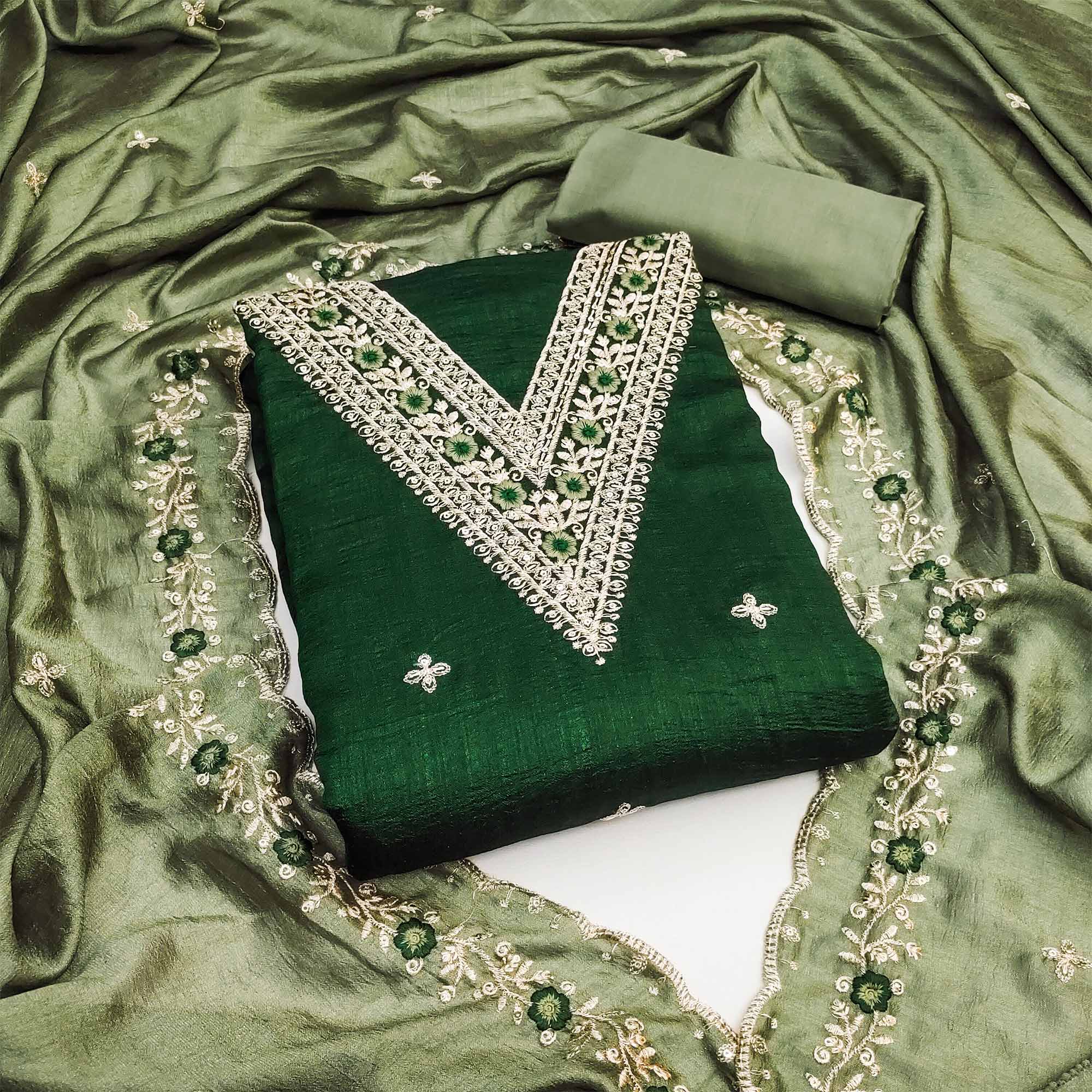 Green Floral Embroidered Vichitra Silk Dress Material