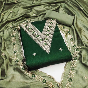 Green Floral Embroidered Vichitra Silk Dress Material
