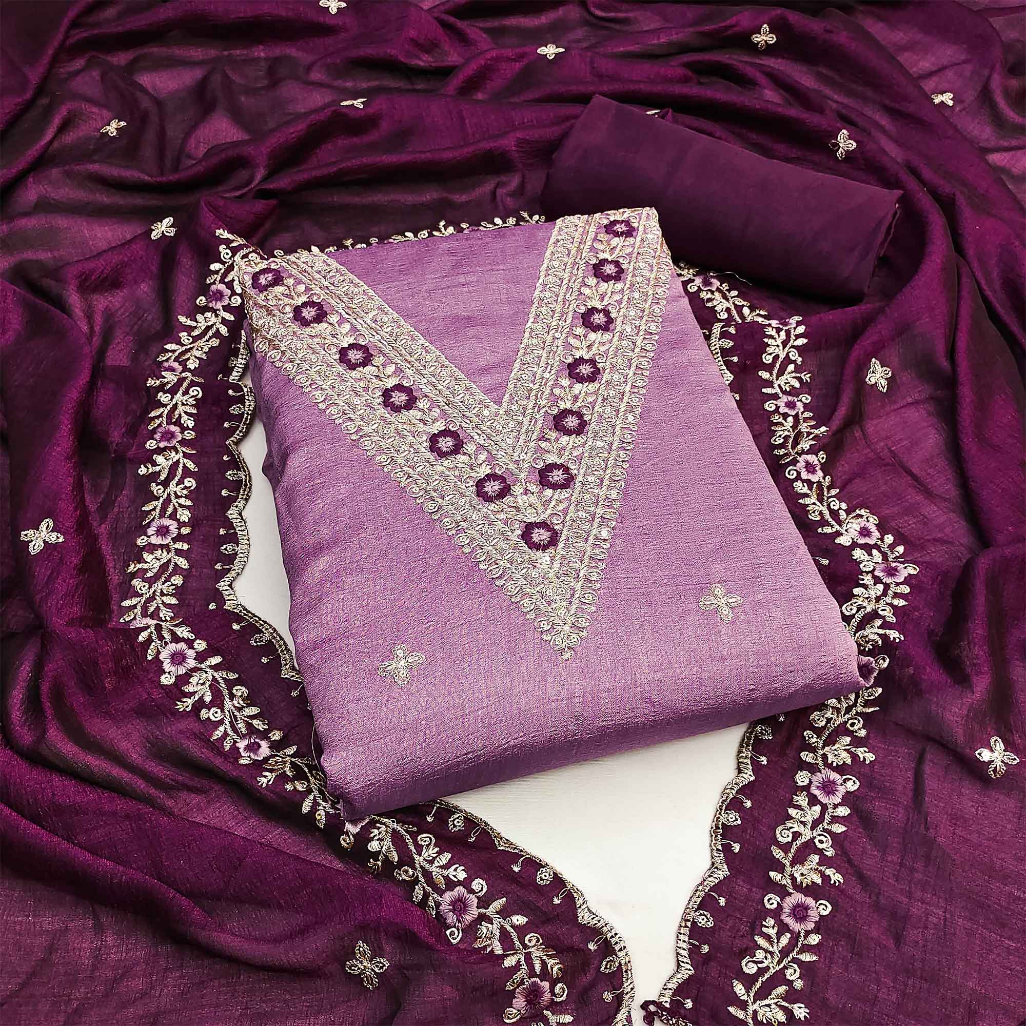 Pink Floral Embroidered Vichitra Silk Dress Material