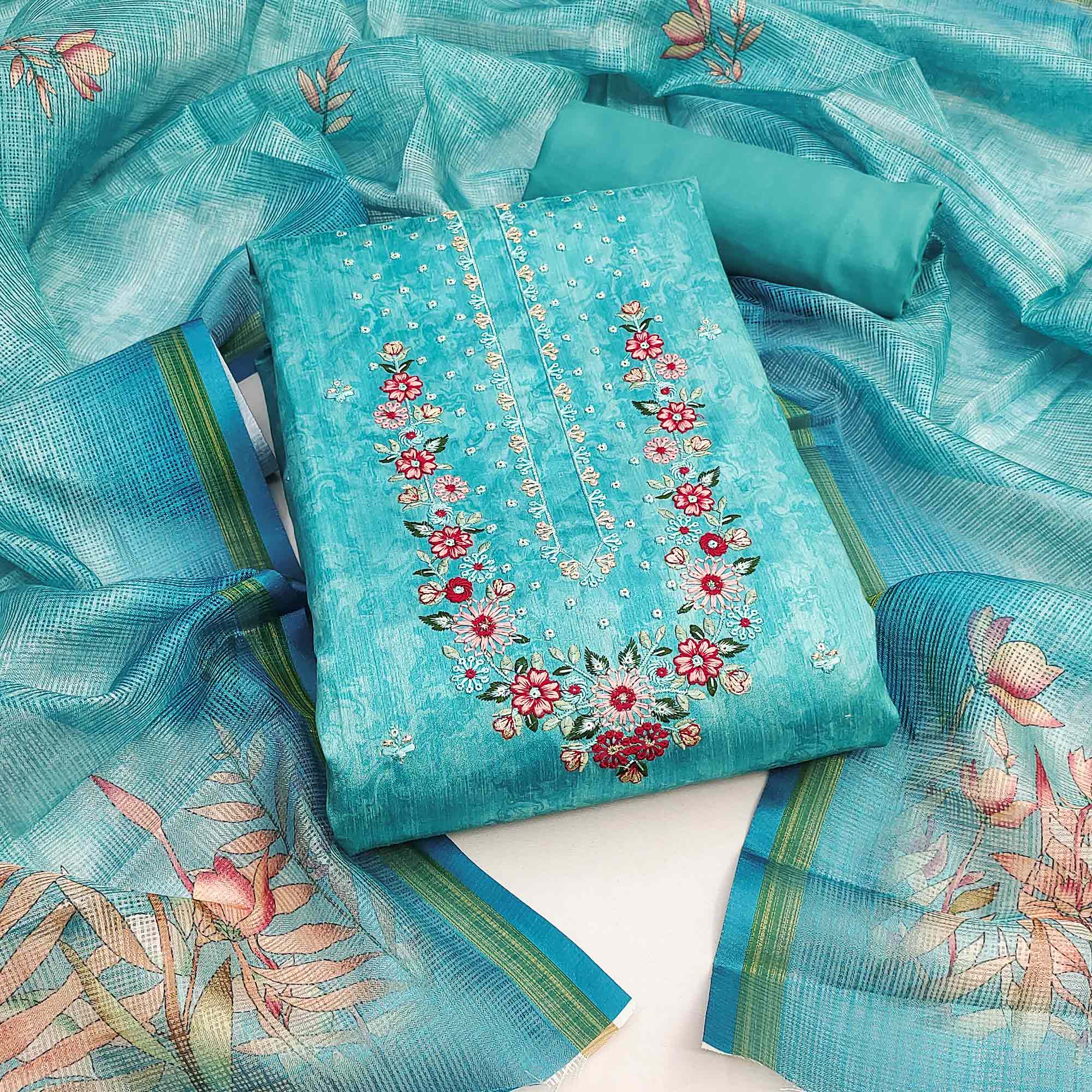 Aqua Blue Embroidered Art Silk Dress Material