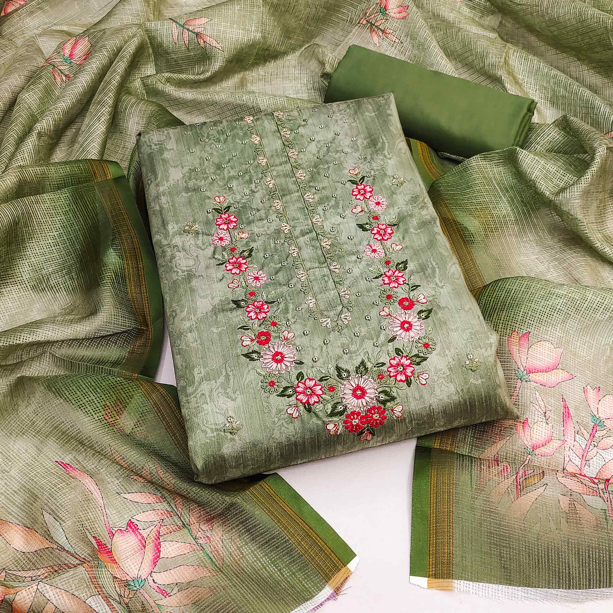 Green Embroidered Art Silk Dress Material