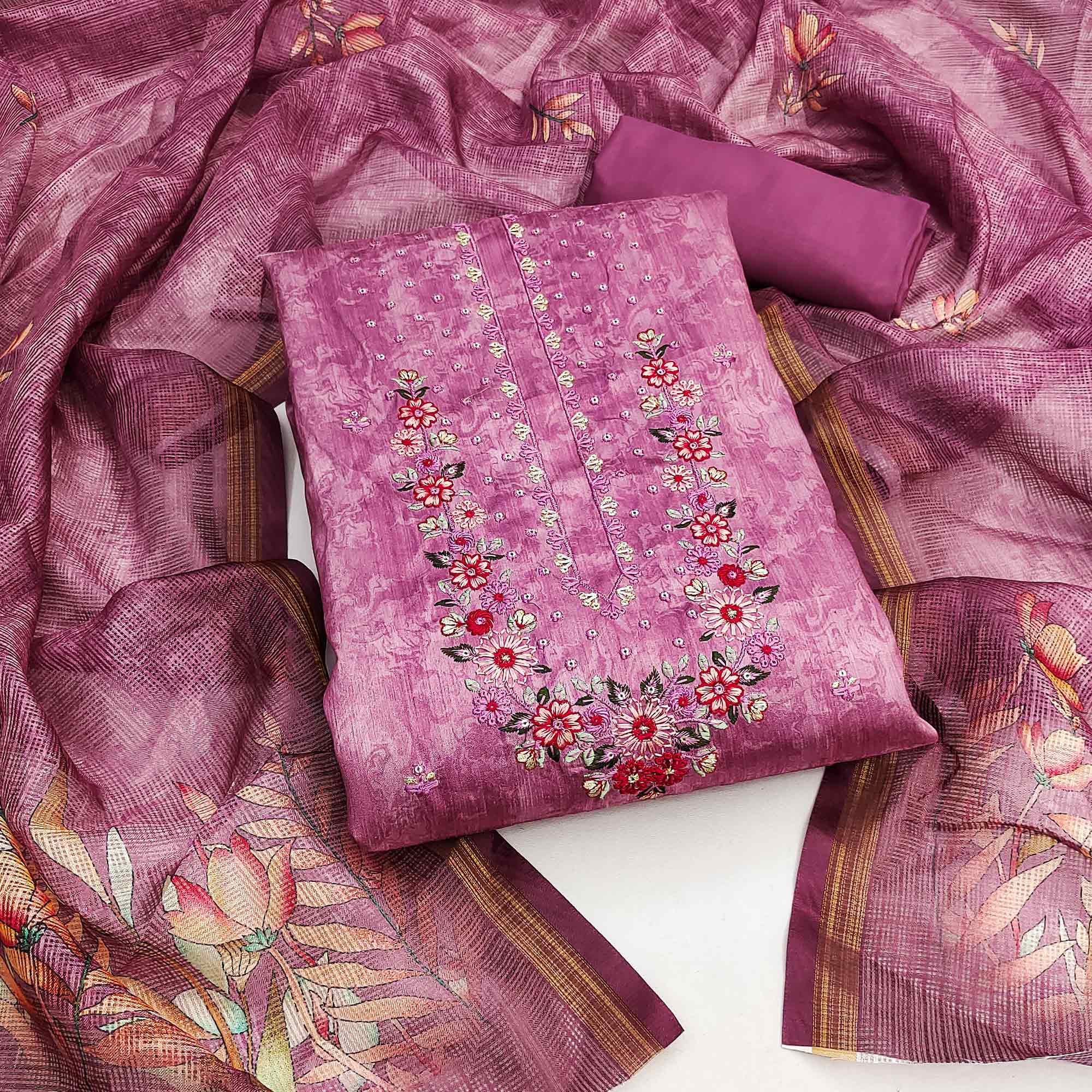 Pink Embroidered Art Silk Dress Material