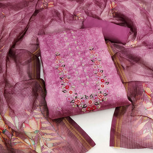Pink Embroidered Art Silk Dress Material
