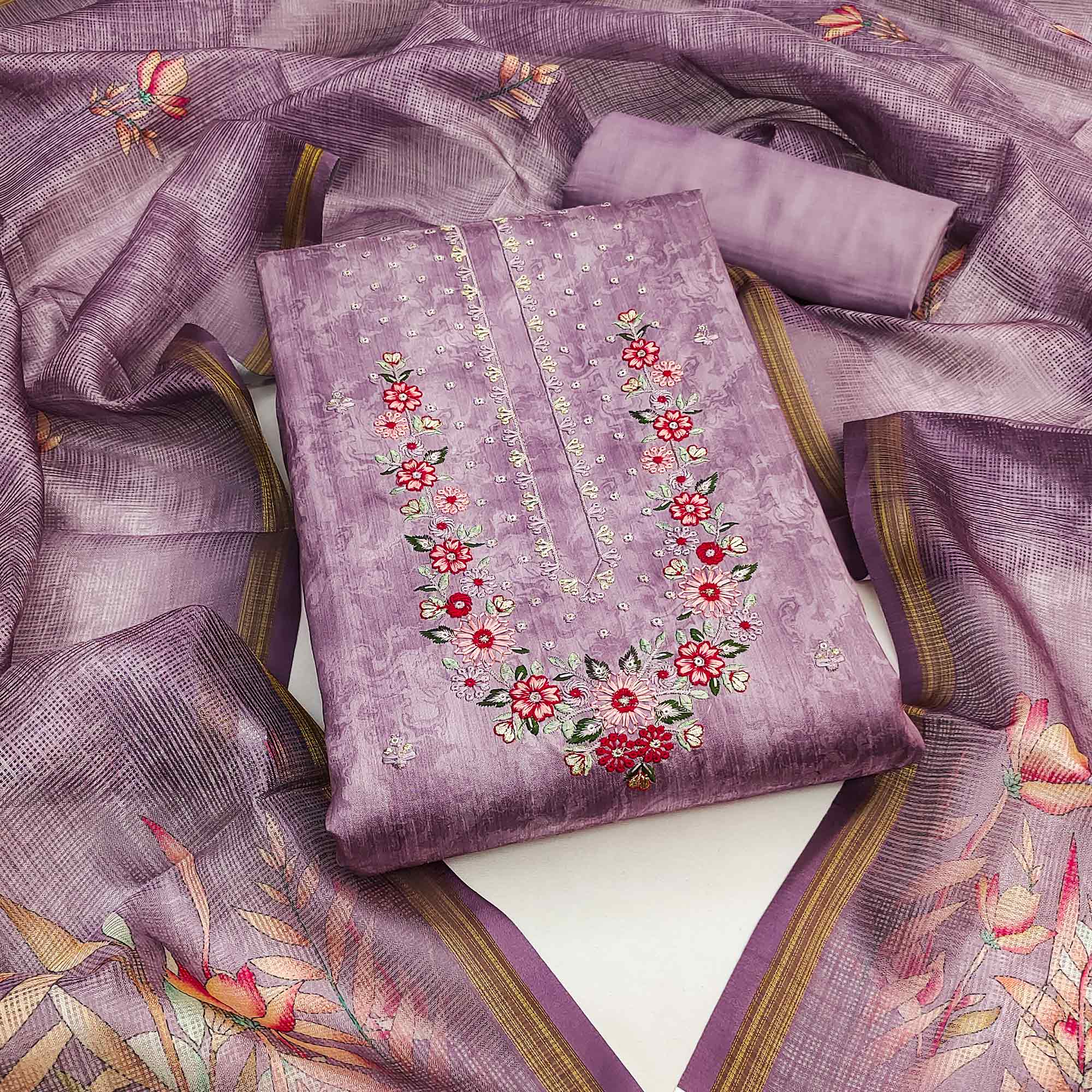 Purple Embroidered Art Silk Dress Material
