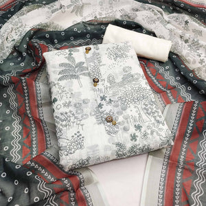 White & Grey Printed Linen Dress Material