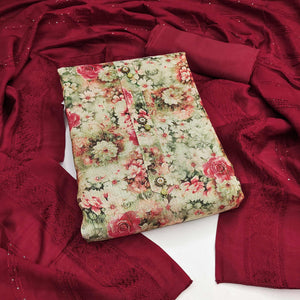 Beige Floral Printed Cotton Silk Dress Material