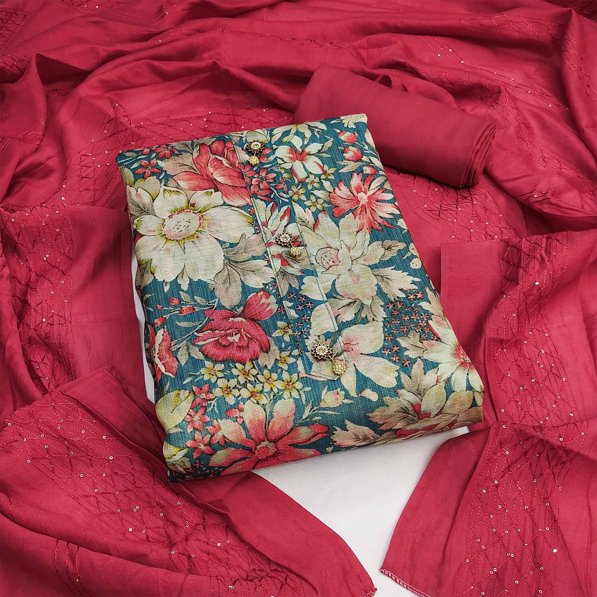 Rama Blue Floral Printed Cotton Silk Dress Material