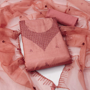 Peach Sequins Embroidered Art Silk Dress Material