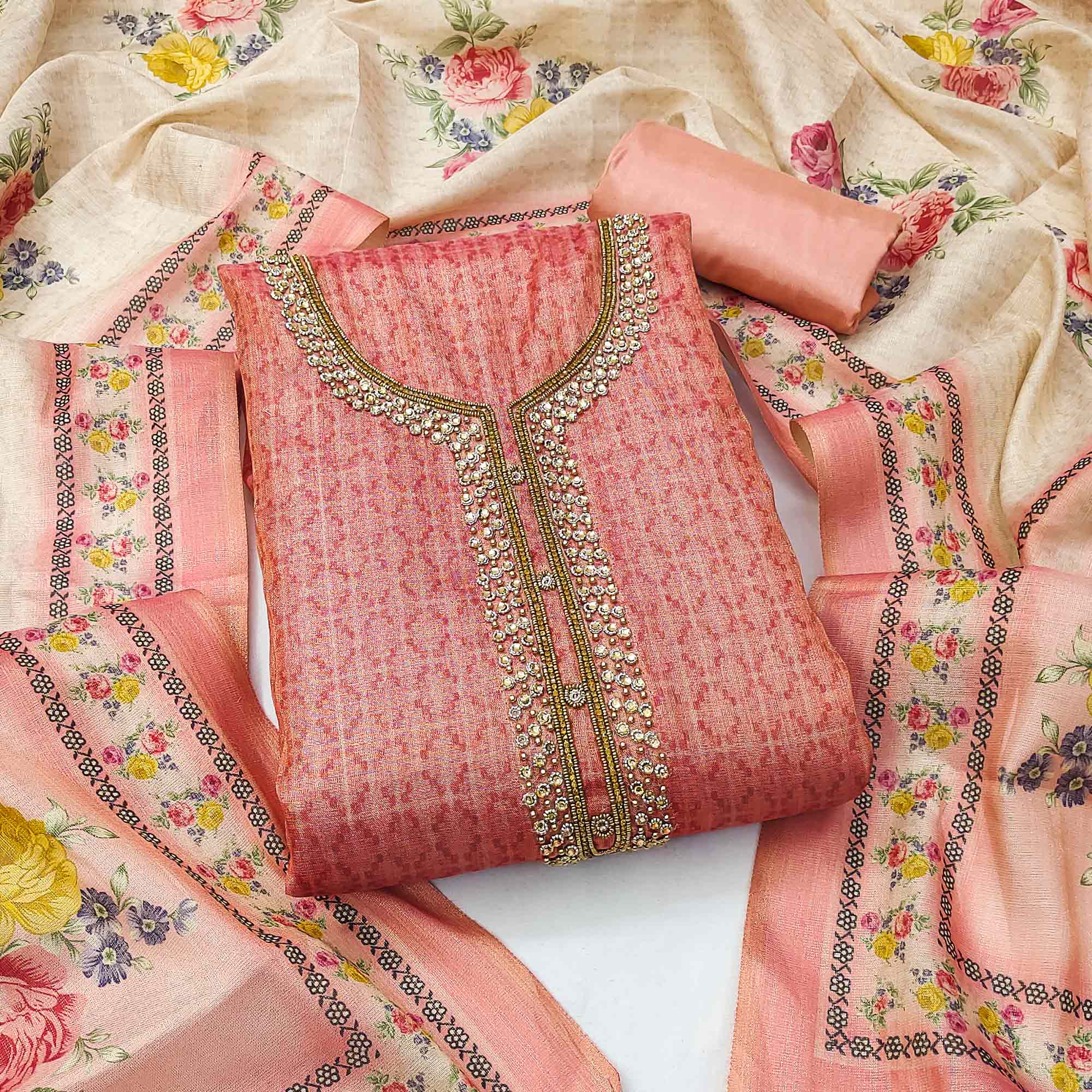 Peach Embroidered Art Silk Dress Material