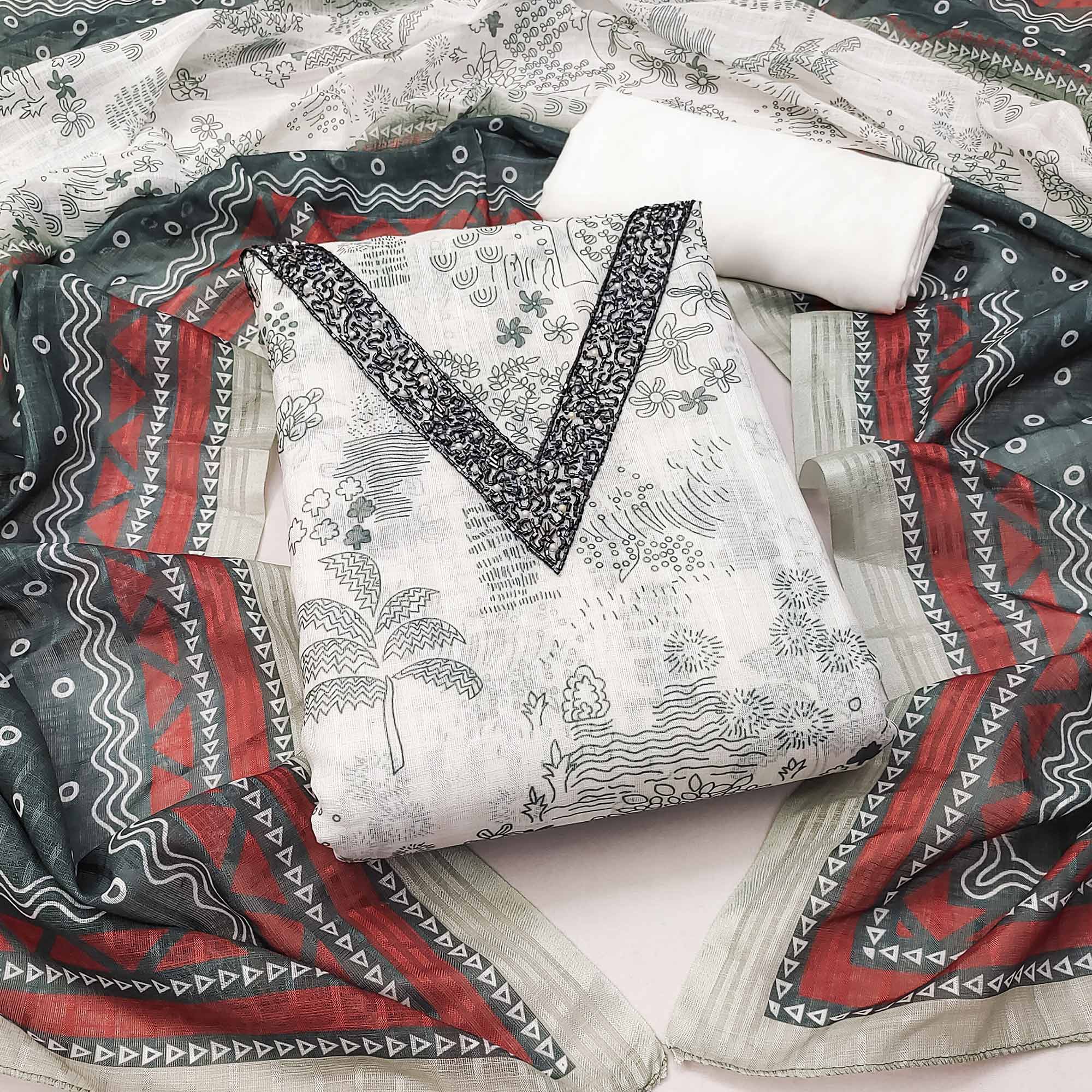 White Floral Printed Linen Dress Material