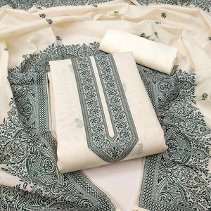 Off White & Green Woven Pure Cotton Dress Material
