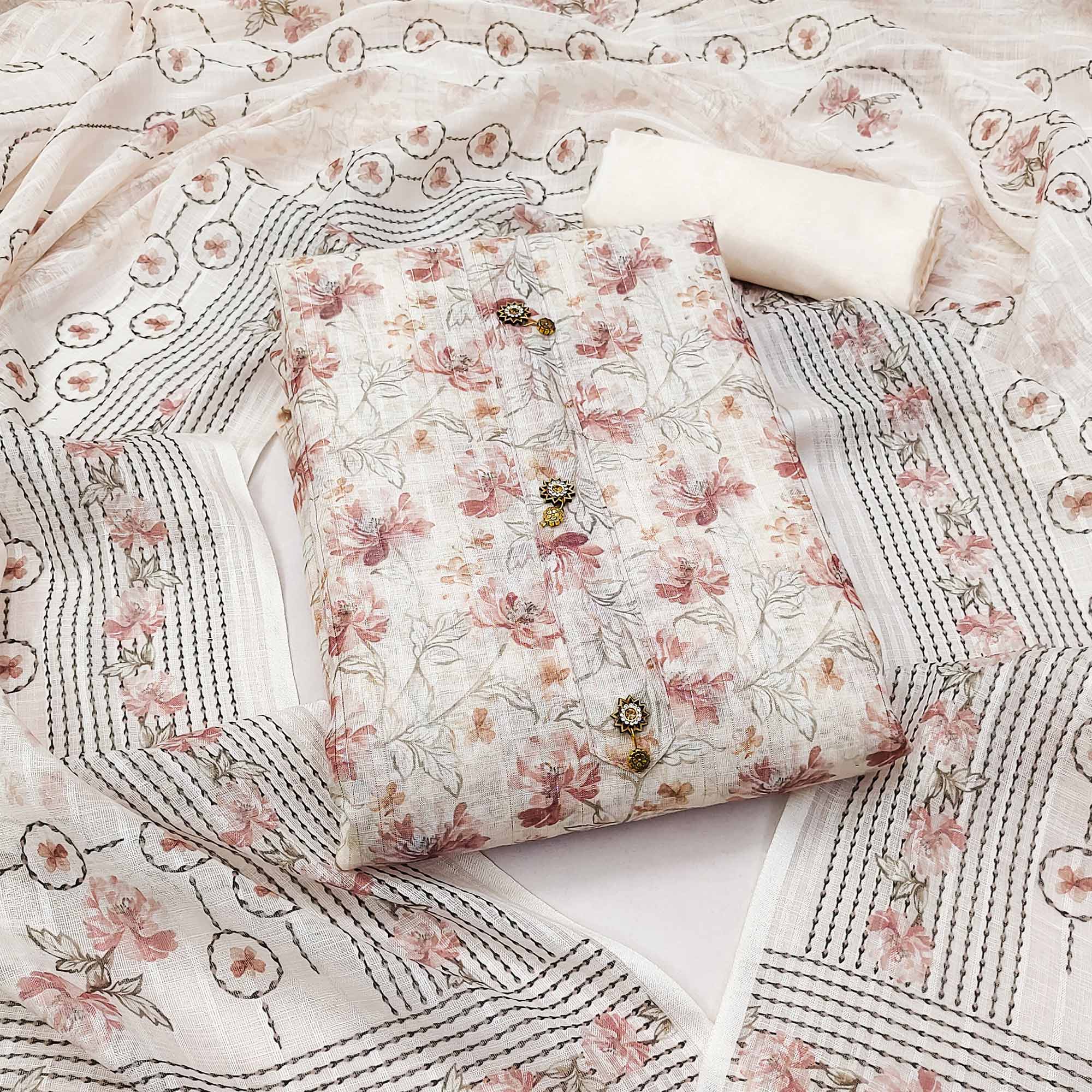 Cream Floral Printed Linen Dress Material