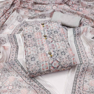 Grey Floral Printed Linen Dress Material