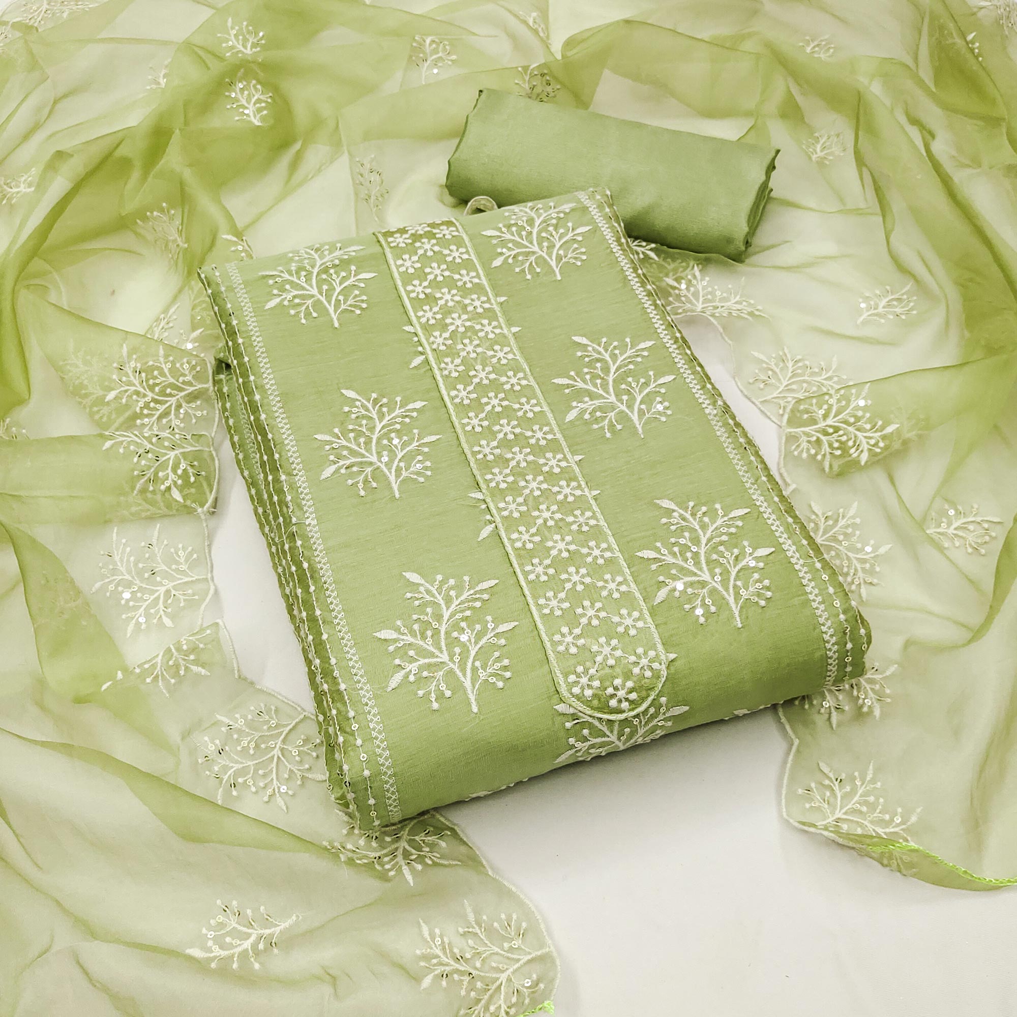 Green Embroidered Chanderi Dress Material